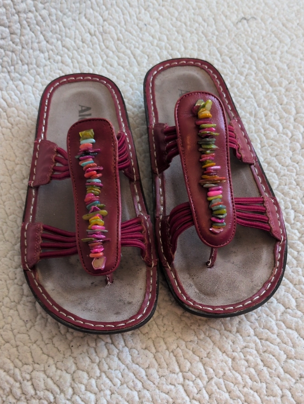 Alegria Boho Red Genuine Leather Beaded Strapy Platform Slide Sandals Southwest